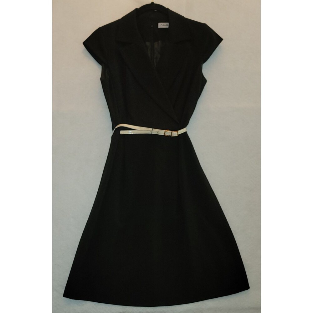 Calvin Klein Black Faux-Wrap A-Line Surplice Dress with White Belt Women’s 4